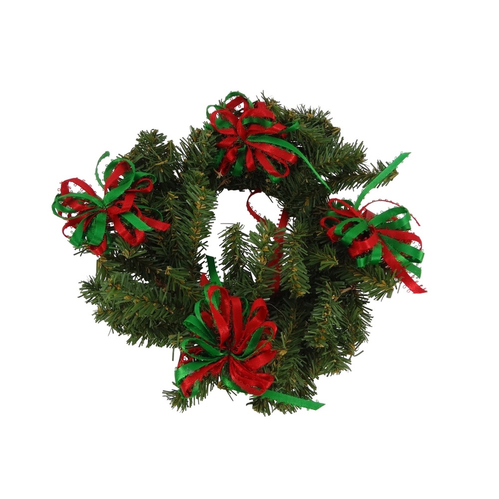 Christmas Mini Artificial Pine Wreath Red Green Ribbon Bows Holiday Decor